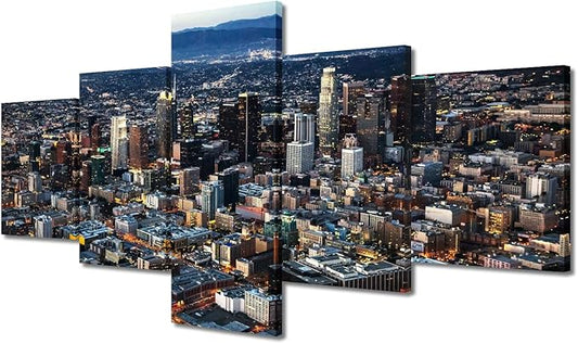 Beautiful Los Angeles Landscape Canvas Wall Art House Decor Los Angeles Skyline Bedroom Decor Wall Art 5 Pieces Modern Home Decor Giclee Wooden Framed Gallery-Wrapped Ready to Hang (50"Wx24"H)