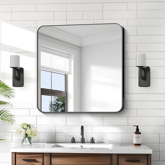 KOCUUY Bathroom Mirror 30"x30", Black Square Mirrors for Over Sink, Modern Vanity Mirror with Rounded Corner Metal Frame, Shatterproof Designed Wall Mirror for Bedroom, Living Room, Entryway