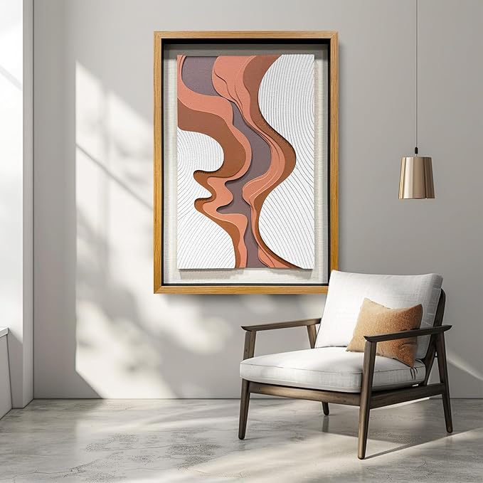 BrightA 5-Layer Wood ReliefWooden Wall Art Fluid Curves in Warm Brown & Ash Grey with Linear Grain Background, Framed in Solid Wood & Tempered Glass for Contemporary Walls 27.5"x39.4"