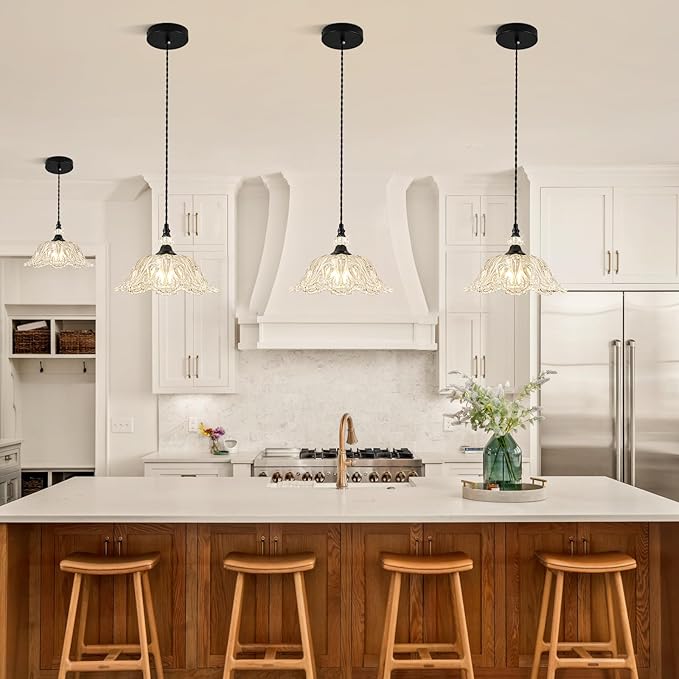 1 Piece Black Chandelier Light Fixtures with Glass Shade, Black Farmhouse Pendant Light,Hanging Light for Kitchen Island Room,Hallway,Living Room,Bedroom