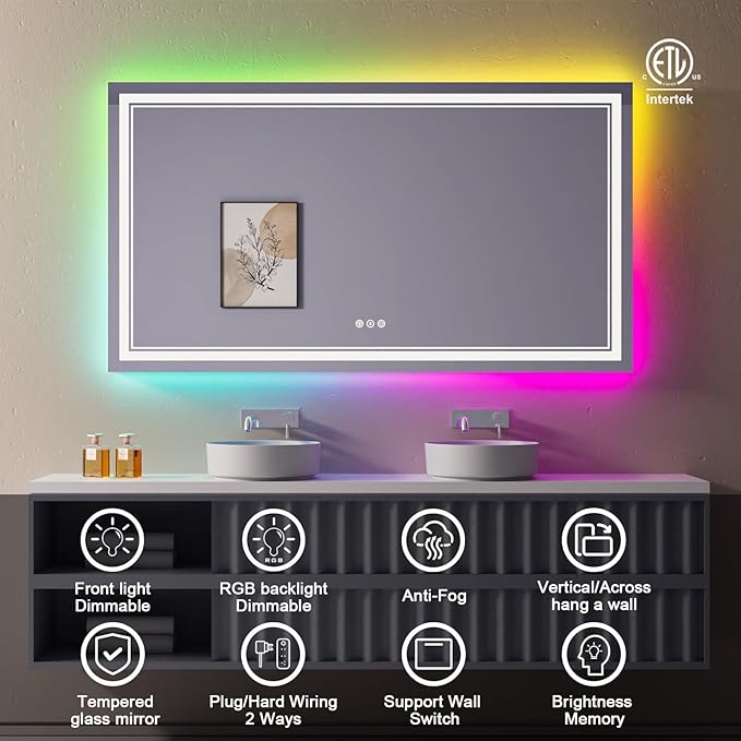 72x40 Inch RGB LED Bathroom Mirror with Lights, Color Changing RGB Backlit LED Mirror for Bathroom,Lighted Vanity Mirrors for Bathroom Wall, Dimmable, Anti-Fog (RGB Backlit+Front-Lit)