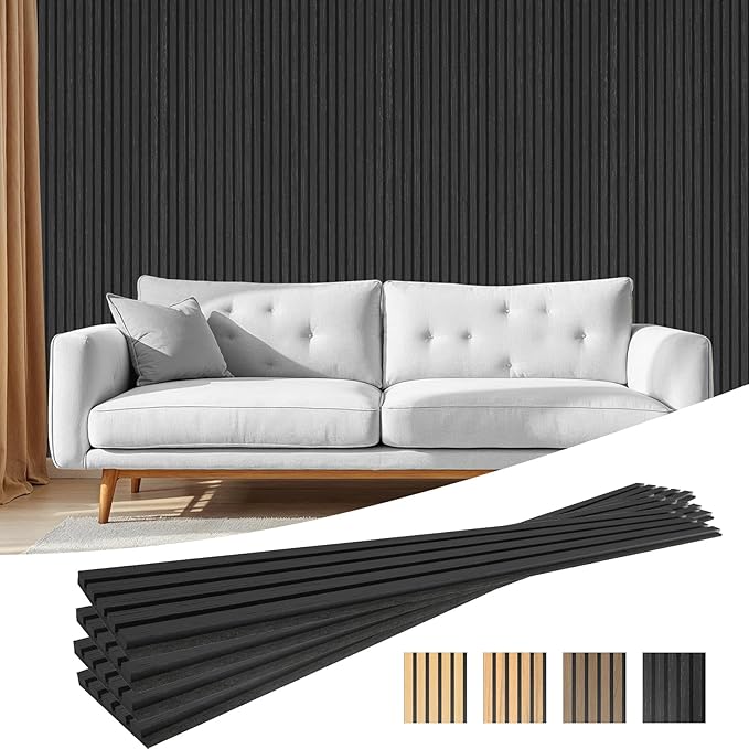 4-Piece Acoustic Wood Wall Panels for Wall and Ceiling, 3D Fluted Soundproof Wood Slat Wall Panels for Interior Wall Decor, 94.5" x 7.9"-Black