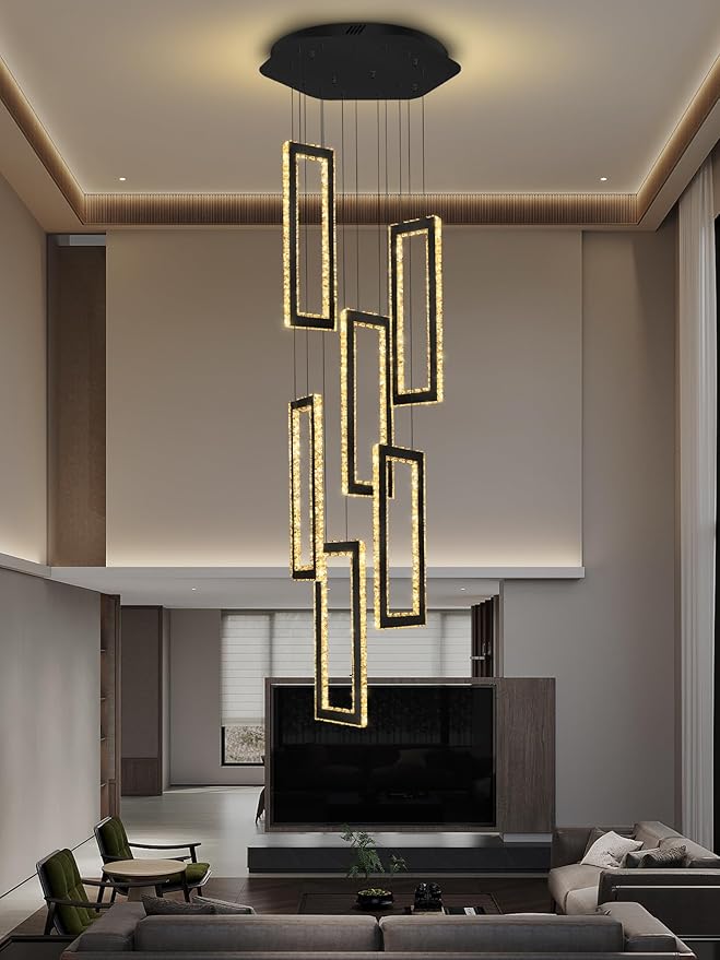 Modern Chandelier 6 Rings Black Chandeliers Lighting Fixture High Ceiling Chandelier Suitable for Living Room Staircase Villa