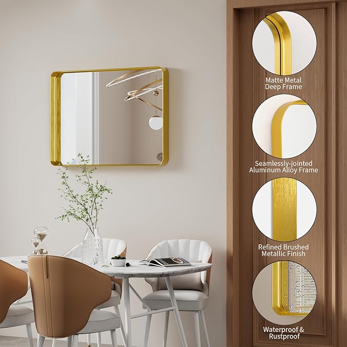 Koonmi Bathroom Mirror 22x30 Inch Wall Mounted Mirror Metal Deep Framed Rounded Corner Wall Mirror, Shatterproof Tempered Glass for Farmhouse Bedroom Vanity, Vertically or Horizontally, Gold