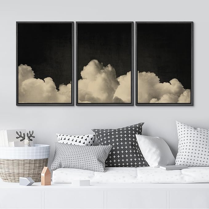 MUDECOR Framed Canvas Print Wall Art Dramatic Cloudscape Black and Beige Sky Illustrations Realism Decorative for Living Room, Bedroom, Office - 24"x36"x3 Black