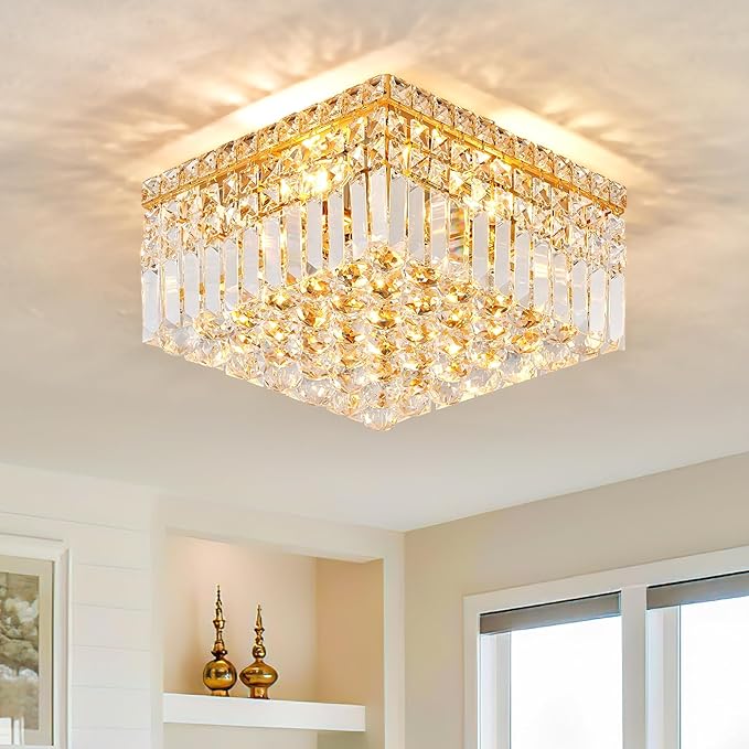 4-Light Gold Crystal Chandeliers Flush Mount Chandelier Light Fixture with K9 Crystals Modern Ceiling Lights Elegant Square Lamp for Bedroom,Hallway,Bar,Living Room,Dining Room,H5.9 xW13.7