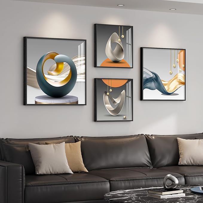 4 Piece Framed Modern Wall Art Set, Abstract Luxury Geometric Prints Artworks, Contemporary Minimalist Orange Gray and Gold Pictures Painting for Living Room, Bedroom, Hallway and Office