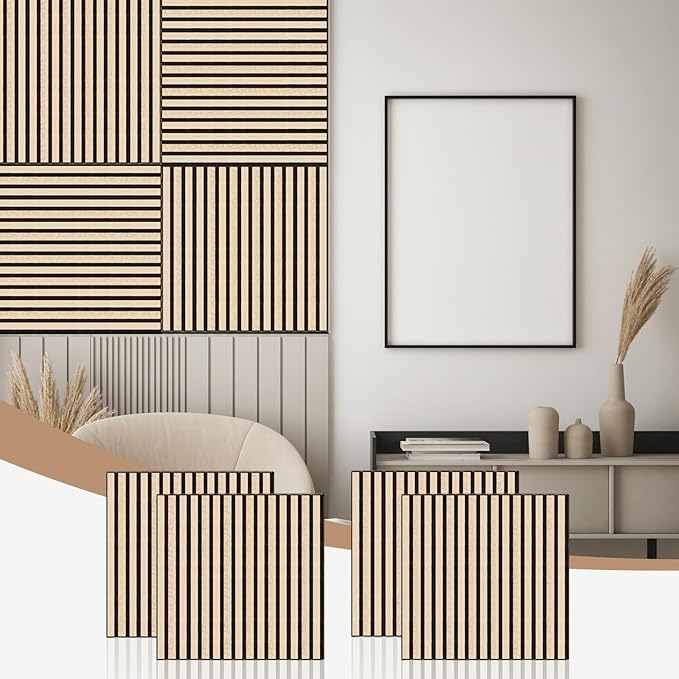 AKK-Stave Acoustic Wood Slat Wall Panels, 23.6" X 23.6" X 0.7" 15.5ft² Sound Absorbing Acoustic Panels for Walls –Wall Panels for Stylish Interiors (13# Classic Oak 60cm, 4pack - 23.6x23.6in)