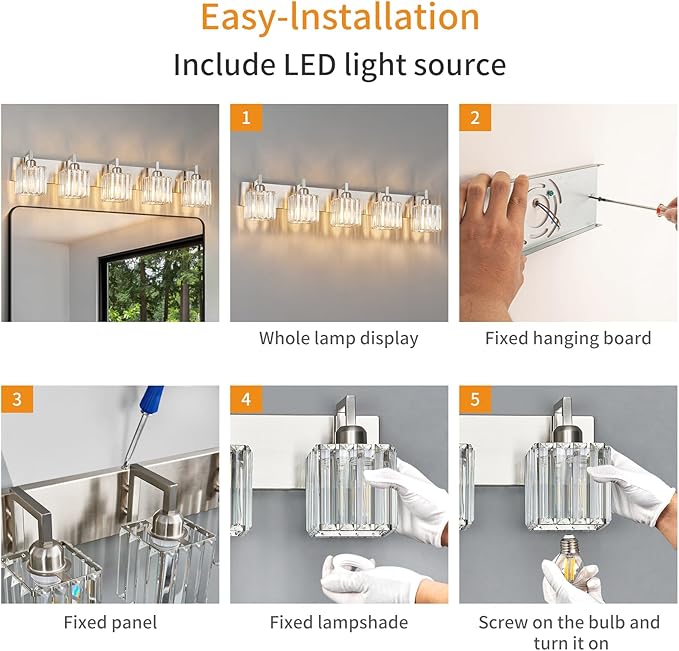 Modern Bathroom Vanity Light 5-Lights Brushed Nickel Vanity Light Crystal Wall Light Bathroom Light Fixtures