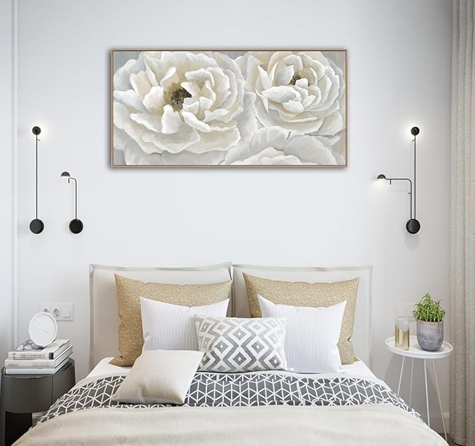 arteWOODS Cream White Flowers Framed Wall Art - Soft Peony Pictures for Wall Decor Elegant Blossom Flower Painting Artwork Botanical Prints for Living Room Home Office Wall Decoration 20" x 40"