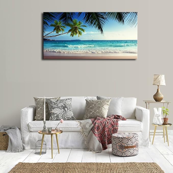 Large Wall Art Ocean Waves Canvas Pictures Coconut Trees Sands Beach Seascape Landscape Modern Summer Sea Nature Canvas Artwork Contemporary Wall Art for Living Room Bedroom Home Wall Decor 24" x 48"