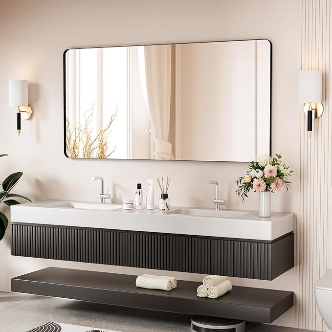 Black Bathroom Mirror 60X30 Inch Bathroom Vanity Mirror for Wall, Metal Frame Large Mirror, Tempered Glass, Modern Wall Mirror for Bathroom, Farmhouse, Horizontally or Vertically Hanging