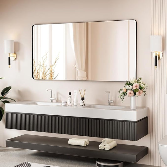 Black Bathroom Mirror 60X30 Inch Bathroom Vanity Mirror for Wall, Metal Frame Large Mirror, Tempered Glass, Modern Wall Mirror for Bathroom, Farmhouse, Horizontally or Vertically Hanging