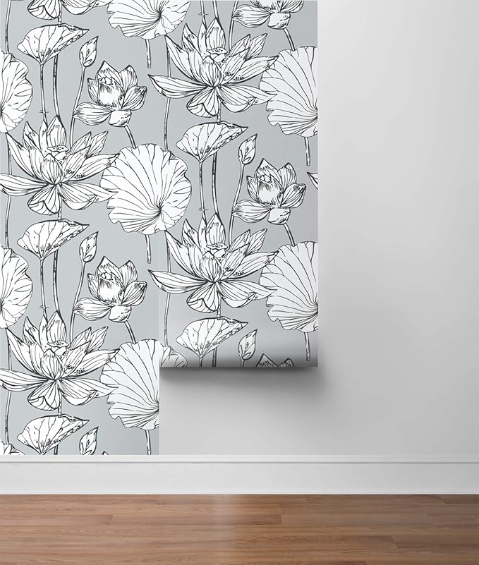 NextWall Lotus Floral Peel and Stick Wallpaper (Gray)