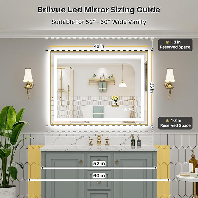 48x36 Inch LED Bathroom Mirror with Gold Frame, Backlit & Front Lit, Anti-Fog Lighted Bathroom Vanity Mirror for Wall, Memory Function, Dimmable, HD Tempered Glass, Shatter-Proof