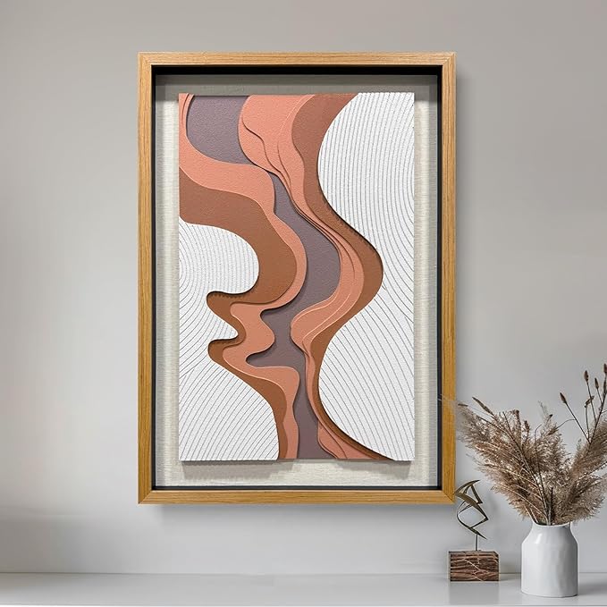 BrightA 5-Layer Wood ReliefWooden Wall Art Fluid Curves in Warm Brown & Ash Grey with Linear Grain Background, Framed in Solid Wood & Tempered Glass for Contemporary Walls 27.5"x39.4"