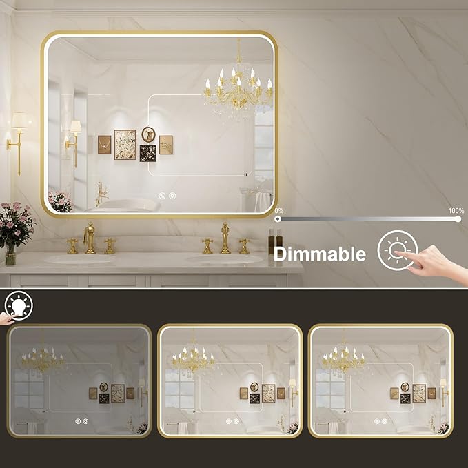 43X36 Inch Framed LED Lighted Bathroom Mirror,Wall Mounted Gold Metal Vanity Mirrors with Lights,Dimmable Illuminated Anti-Fog Mirror(Horizontal/Vertical)