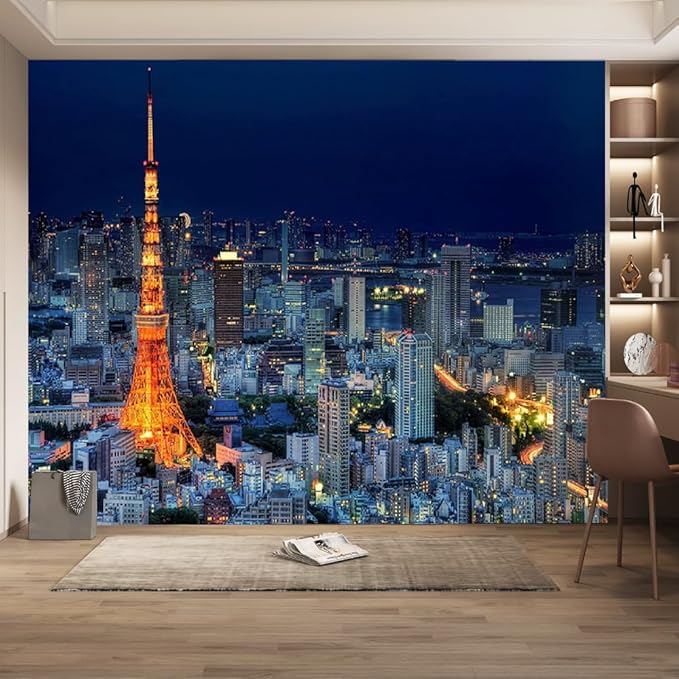 City Building Wallpaper, Night View Night Sky Modern HD 3D Hand Painted Art Mural, Large Fashion Background Rendering Illustration Mural, for Living Room Home Decor.48 W x 36" H