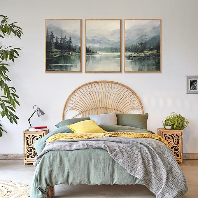 Aurlan Green Pine Trees Forest Landscape Framed Wall Art(16"x24"), 3PCS Abstract Mountain Lake Canvas Artwork, Large Watercolor Modern Nature Scenery Decor for Office Home