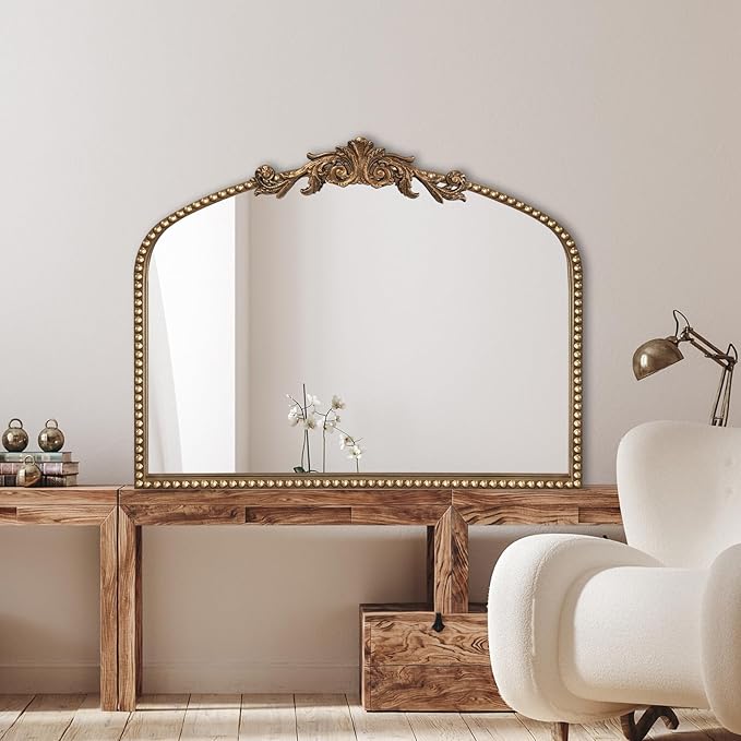 Baroque Arch Mirror for Living Room Wall, 36" X 30" Antique Gold Traditional Cathedral Ornate Beaded Arched Frame Decorative Vanity Mirrors for Mantel Fireplace, Bathroom, Bedroom Decor