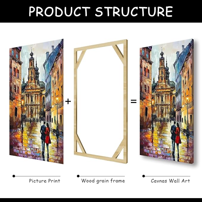 Kewhush European Town Canvas Wall Art, Colorful City Street Canvas Prints, Europe City Wall Art, Set of 3 Abstract Poster, Landscape Artwork, Romantic Decor for Living Room (16" x 24" x 3 pcs)