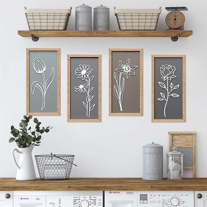 3D Wooden Floral Framed Wall Decor of 4, 7"X16" Farmhouse Vintage Boho Minimalist Flower Wall Art for Living Room, Rustic Retro Moody Vertical Tulip Rose Daisy Daffodil Botanical Wall Sculptures
