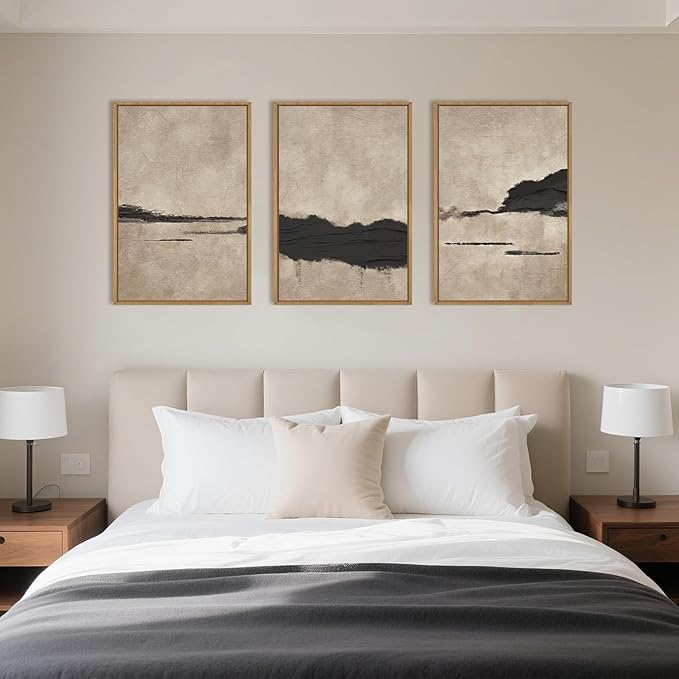 Large Abstract Black and Tan Framed Canvas Wall Art,Vintage Minimalist Wall Decor,Neutral Brush Stroke Artwork,Modern Textured Art Print for Living Room,Bedroom,Office- 24"x36"x3