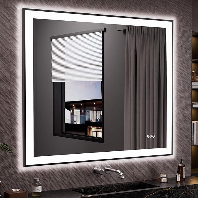 LOAAO 48"X40" LED Bathroom Mirror Black Framed, Anti-Fog, Dimmable, Lighted Bathroom Vanity Mirror for Wall, Memory Function, Tempered Glass
