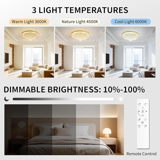 30" Ceiling Crystal Chandeliers: K9 Crystals 3 Color Temperature Led Light Dimmable with Remote - Modern Gold Chandelier Crystal Flush Mount Ceiling Lights for Dining Room Living Room Bedroom Entryway
