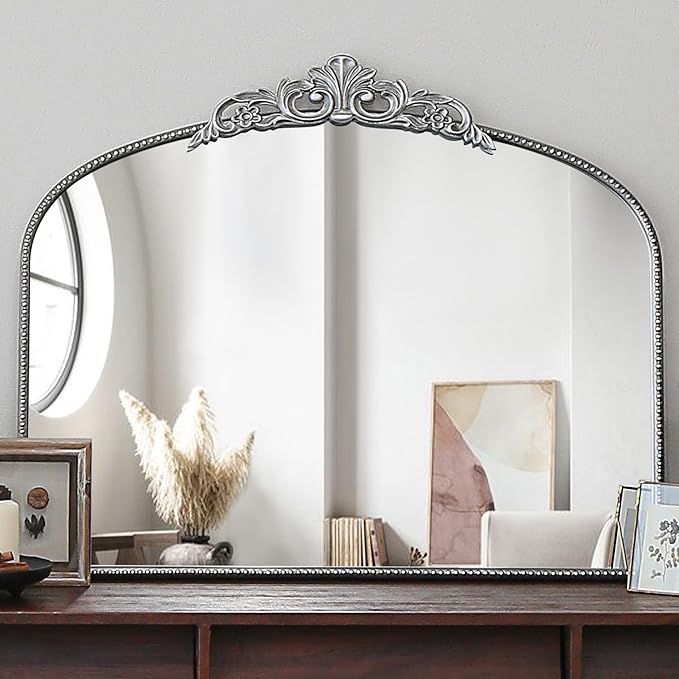 Micasso Vintage Baroque Silver Mirror: 29" x 36" French Vintage Mirror - Traditional Ornate Decorative Arched Mirrors for Wall/Bathroom/Entryway/Fireplace/Hallway - Home Decor for Living Room