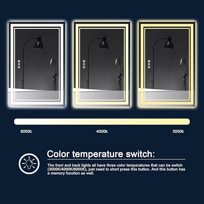 60x40 Inch LED Bathroom Mirror with Lights, Backlit and Front Lighted Bathroom Mirrors for Wall, Anti-Fog Dimmable Memory Shatterproof LED Vanity Mirror for Bathroom