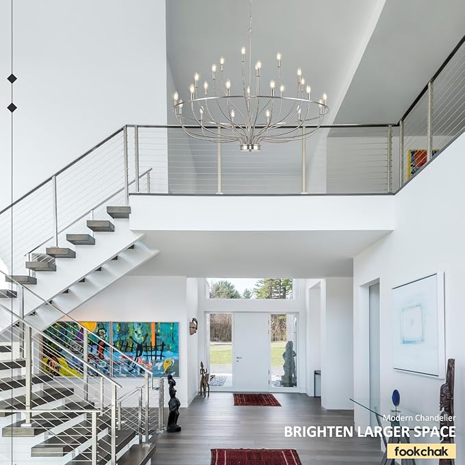 24 Light Brushed Nickel Chandelier 51'' Large Candle Chandeliers for High Ceiling Foyer Modern Classic Chandelier Light Fixture for Large Living Room Dining Room Stairs Entry Restaurant Hotel