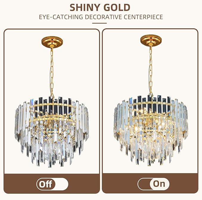 17.6" Modern Crystal Chandelier, 3-Tier Gold Pendant Light with 6 Lights, Luxury K9 Crystal Ceiling Fixture for Dining Room Living Room Foyer