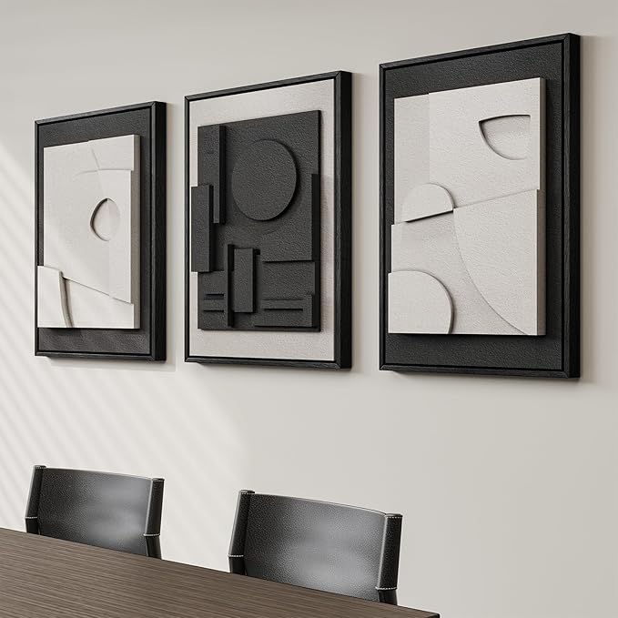 3D Textured Framed Black and White Abstract Wall Art for Bedroom, 3 Piece Modern Paintings Artwork for Walls, Minimalist Black White Geometric Pictures for Living Room, Dining Room Wall Decor 16x24 In