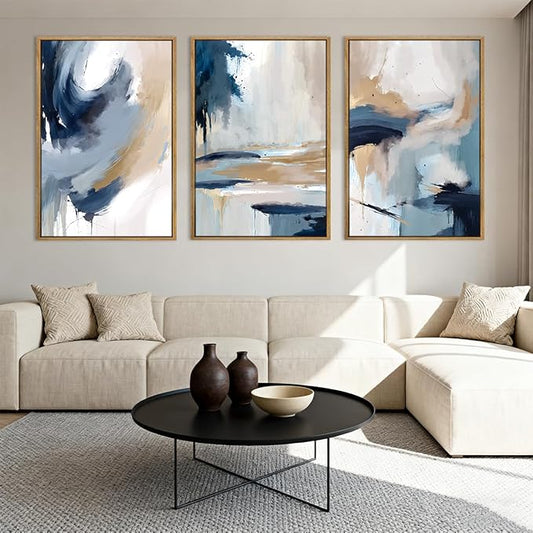 Anyzal Large Blue Abstract Wall Art Framed Modern Artwork Neutral Wall Decor for Living Room Bedroom Office 24X36 Inch Set of 3