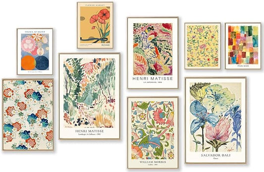 KBKBART Colorful Eclectic Wall Art Prints, 9 PCS Vintage Eclectic Wall Decor Matisse William Morris Flower Market Maximalist Home Decor, Trendy Maximalism Famous Artist Painting Pictures for