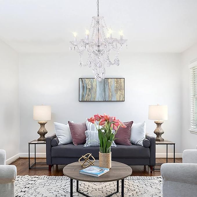 Modern Crystal Chandelier with 6 E12 Sockets, Adjustable Chain, Elegant K9 Crystal Lighting Fixture for Living Dining Room, Foyer