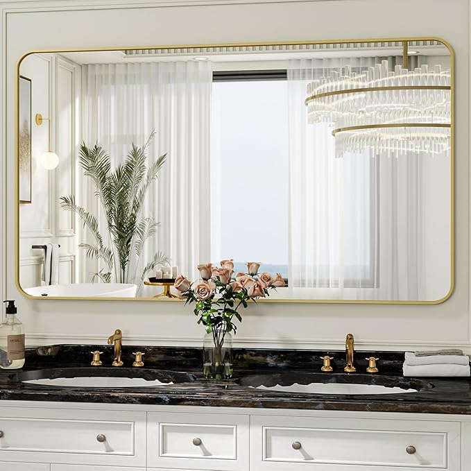 30 x 48 Inch Bathroom Mirror, Rounded Rectangular Vanity Mirror for Wall, Modern Mirror for Room Decor, Gold Framed Wall-Mounted Mirrors for Home Decor, Hangs Horizontally or Vertically
