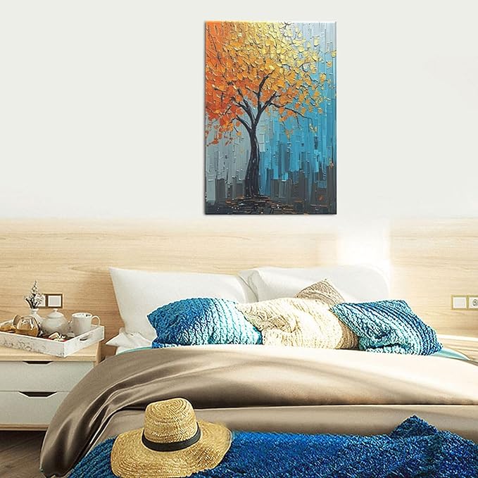 Abstract Wall Art Gold Tree Framed Modern Artwork Canvas Painting Textured Tree of Life Pictures Home Decor For Living Room Bedroom Bathroom Office 16"X24"