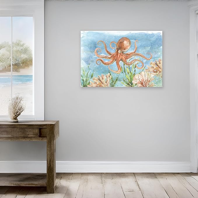 Octopus Canvas Wall Art Ocean Under Sea Life Painting Nautical Marine Life Coral Pictures Framed Artwork For Bathroom Bedroom Livingroom Wall Decor 24x16 Inch