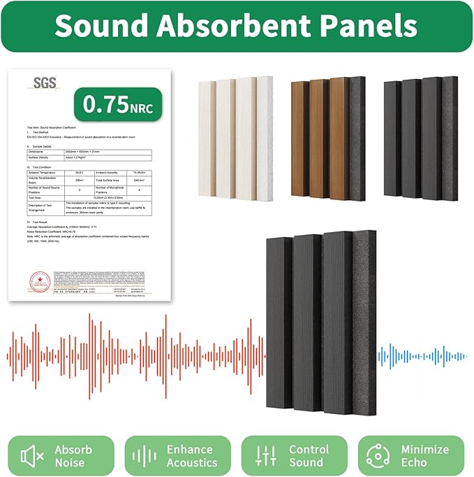 3 Pack Sample Set 3D Acoustic Slat Panels, 4.72" x 5.9" Sound Absorbing Wood Finish Panels, White, Walnut & Black, Decorative Acoustic Wall, Samples