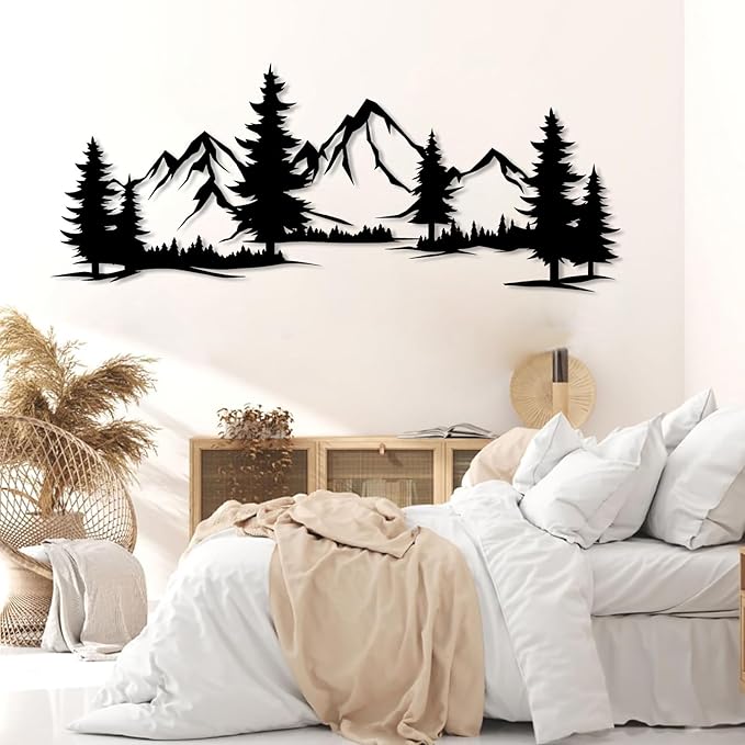 Metal Mountain Wall Art, Mountain Wall Decor, Forest Wall Hanging, Hill and Trees Metal Sign, Nature Range Wall Art, Nature Landscape for Living Room (Black, 19"x48"|48x121cm)