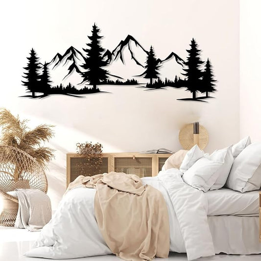 Metal Mountain Wall Art, Mountain Wall Decor, Forest Wall Hanging, Hill and Trees Metal Sign, Nature Range Wall Art, Nature Landscape for Living Room (Black, 19"x48"|48x121cm)