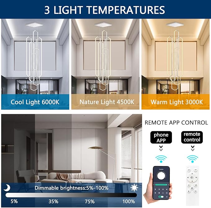 6 Rings Sliver Modern Large Chandelier Dimmable LED High Ceiling Chandelier for Living Room Foyer Modern Hanging Ceiling Light