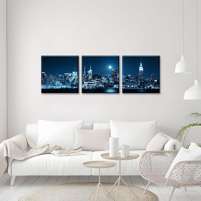 NAN Wind 3-Piece Modern Manhattan Night Skyline Canvas Art Blue Moon Urban Cityscape Wall Decor Contemporary NYC-Inspired Night View Panoramic Prints Framed City Canvas Set for Home Office Living Room