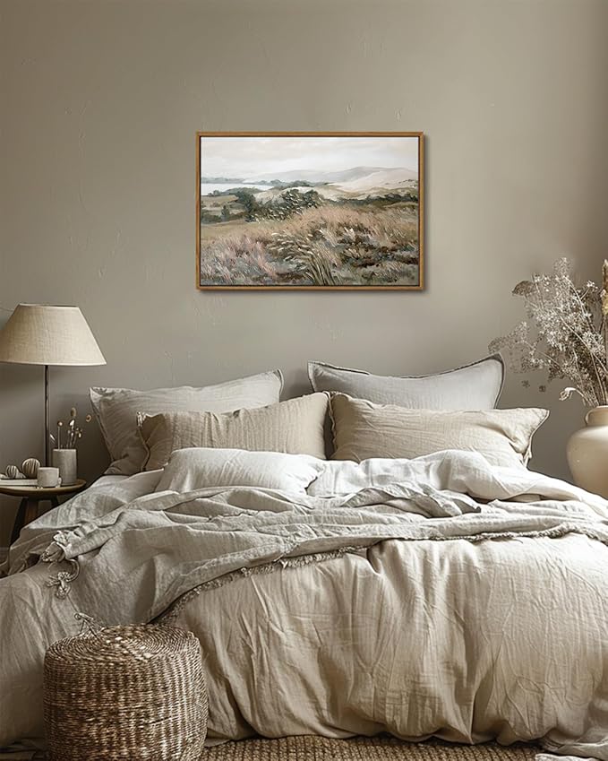 KISSFOX Vintage Landscape Canvas Wall Art Neutral Farmhouse Hills Lake Framed Wall Art Serene Countryside Paintings Artwork Rustic Art Prints For Bedroom Living Room