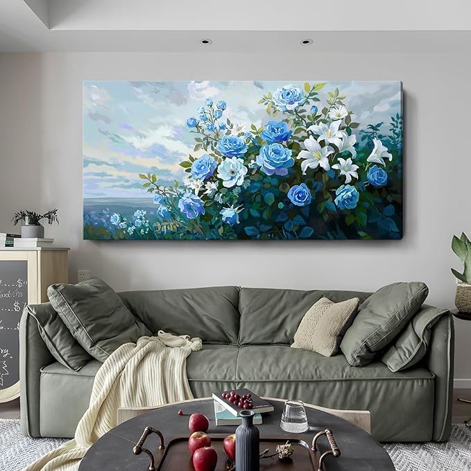 Nicetop Extra Large Floral Canvas Art for Living Room – Elegant Botanical Wall Picture with White Lilies, Blue Roses & Green Leaves – Horizontal Nature Artwork for Bedroom, Office, Kitchen, 58x29 Inch