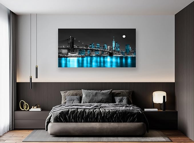 Aibonnly Wall Art Canvas Painting Black White and Blue New York Brooklyn Bridge 1 Piece Cityscape Night Building Picture Poster Print Framed for Living Room Bedroom Kitchen Office Home Decor