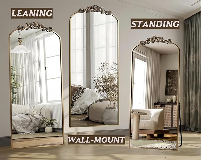 Arched Full Length Mirror, 71"x32" Full Body Mirrors with Carved, Floor Mirror for HomeDecor, Standing/Halling Large Wall Mirror for Bedroom, Living Room, Cloakroom, Bronze, Retro Style