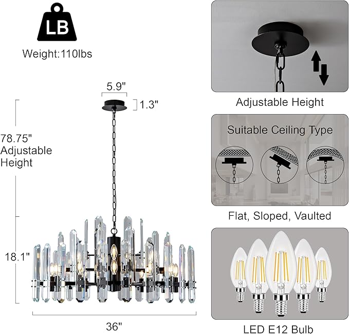36" Luxury Black Crystal Chandelier, 16-Light Round Modern Chandelier for Dining Room, Adjustable Chain Chandelier Pendant Light Fixture for Living Room, Bedroom, Kitchen Island, Foyer, Entryway